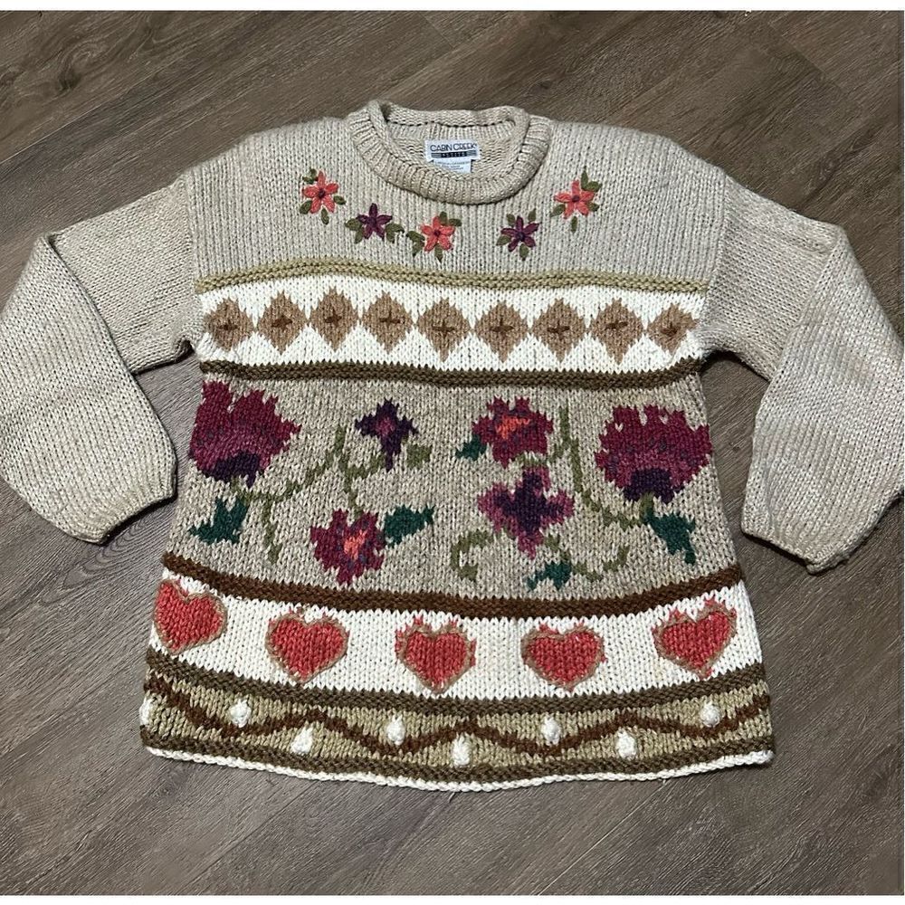 Vintage 90s Cabin Creek Women Knit Sweater Granny Beige Hearts Floral Size L
